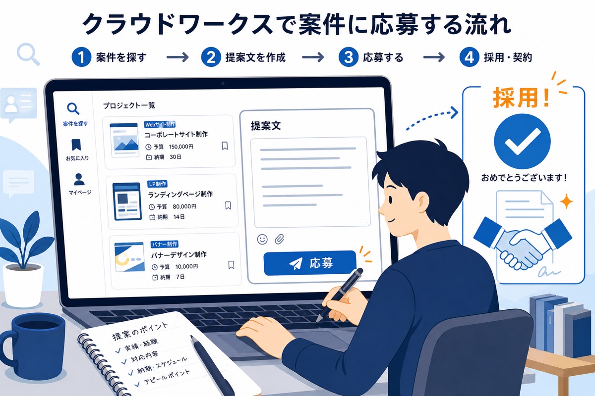 クラウドソーシングで提案文を書いて応募する様子