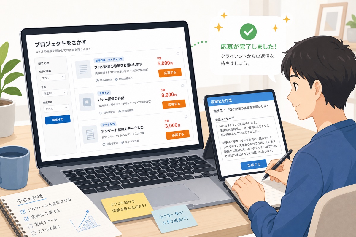 クラウドソーシングで案件に応募している様子